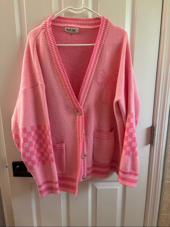 Peach Love California Sweaters - Peach Love California Pink Checkerboard Knit Cardigan